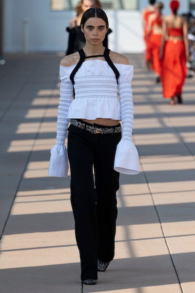 Fashion, White, Clothing, Street fashion, Fashion model, Fashion show, Waist, Shoulder, Haute couture, Runway, 