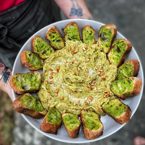 herbed crostinis with leek  tahini dip