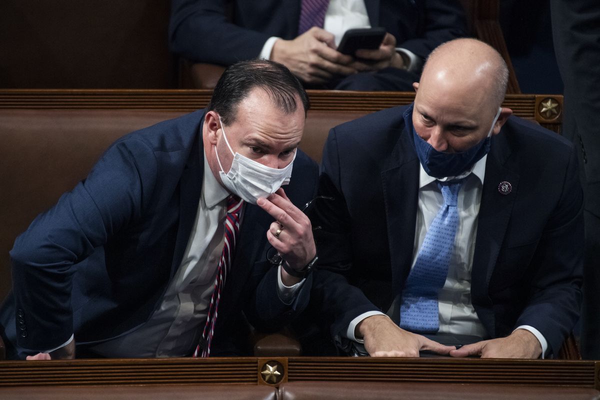 united states   january 7 sen mike lee, r utah,  left, and rep chip roy, r texas, attend a joint session of congress to certify the electoral college votes of the 2020 presidential election in the house chamber on thursday, january 7, 2021 photo by tom williamscq roll call