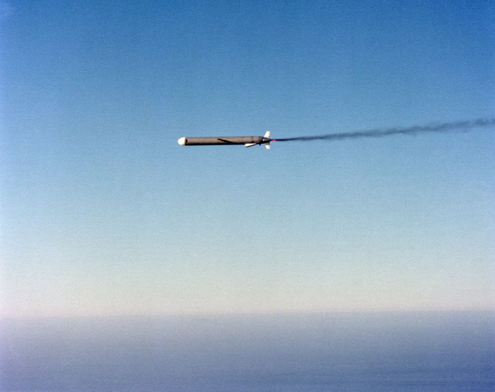 1979 a left side view of an agm 109 tomahawk air launched cruise missile in flight after release from a b 52 stratofortress aircraft