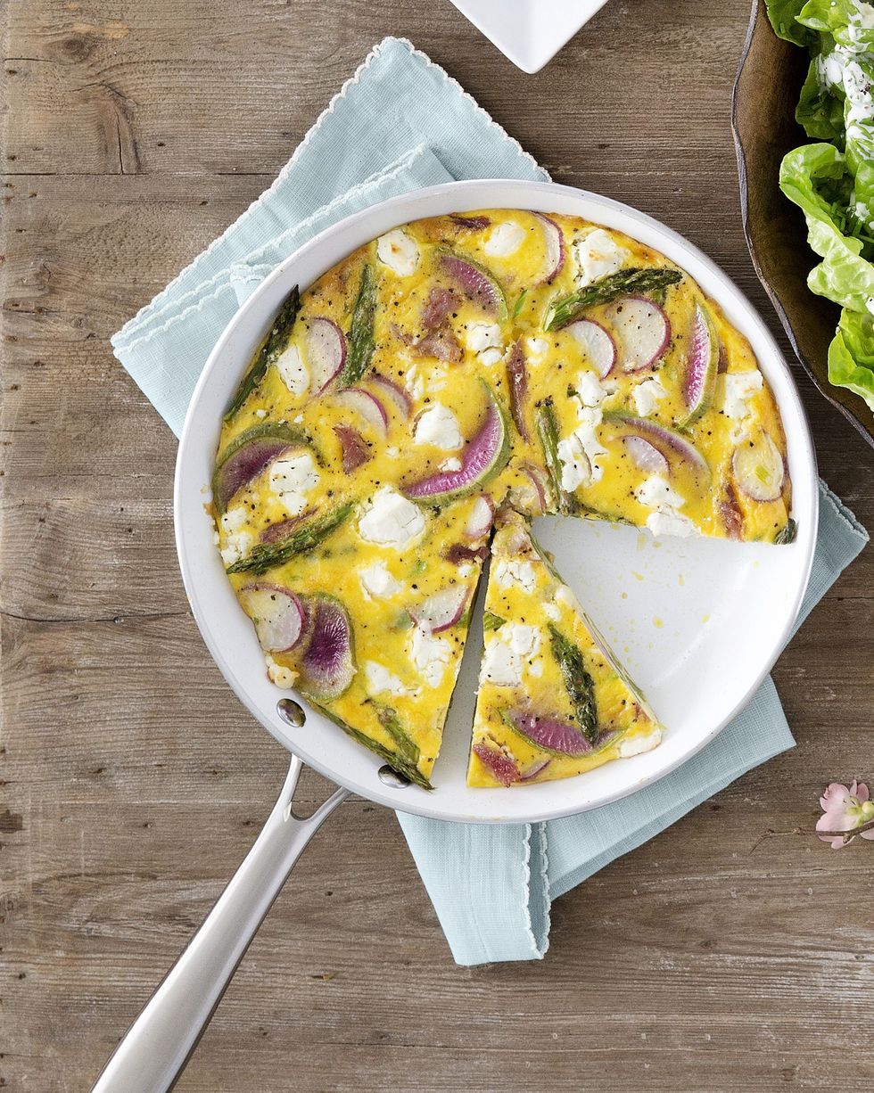 spring vegetable, ham, and goat cheese frittata