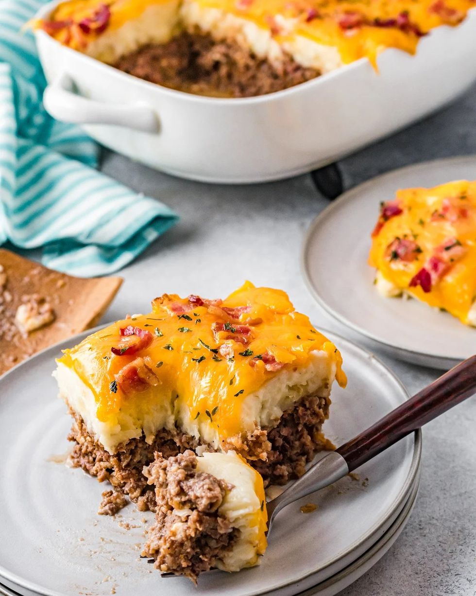 loaded mashed potato and meatloaf casserole with cheese