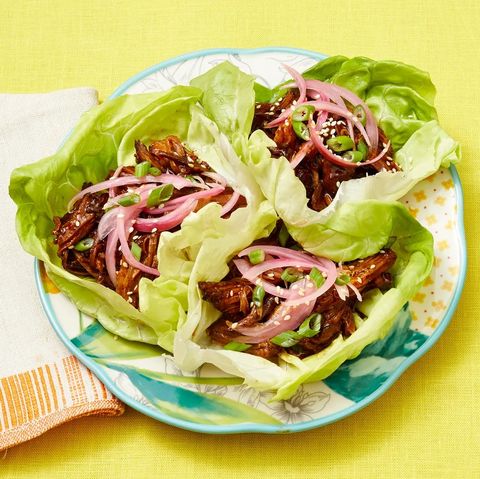 sticky pork lettuce wraps with red onions