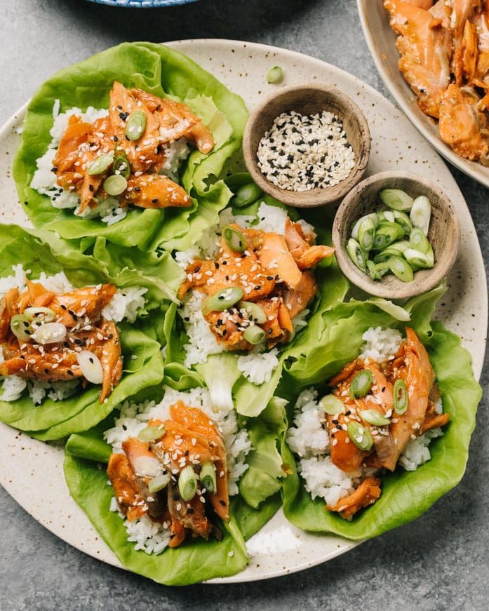 teriyaki salmon lettuce wraps with rice and scallions