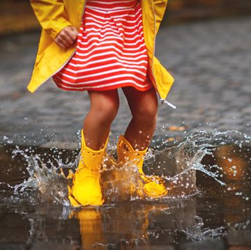 leg of child in rubber boots in puddle on autumn walk
