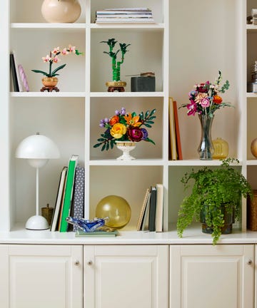 lego botanical sets on a nice bookshelf