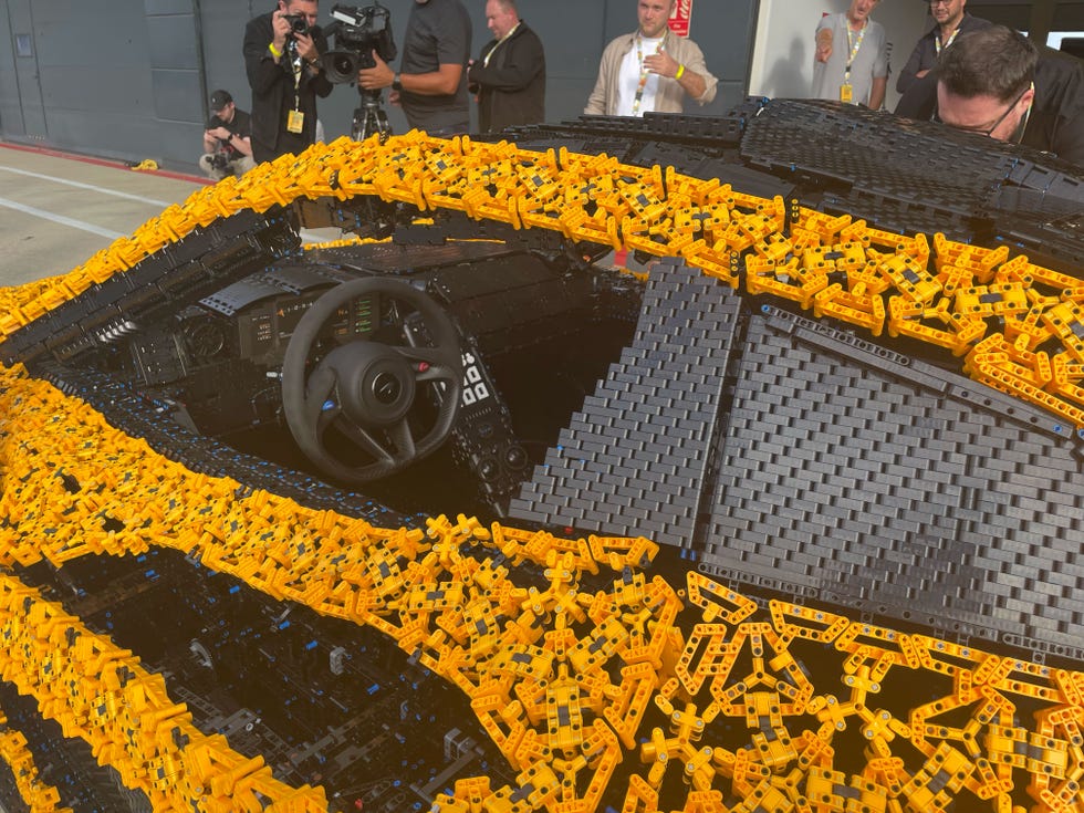 the lifesize lego technic mclaren p1 car in the pit lane at silverstone