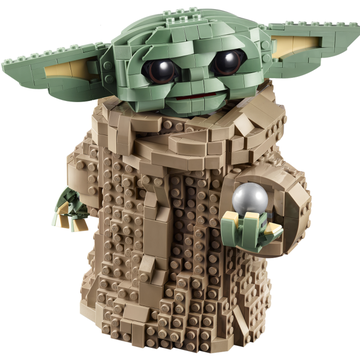 lego star wars baby yodathe child set, fully built showing baby yoda holding the silver gearstick knob from the mandalorian's ship