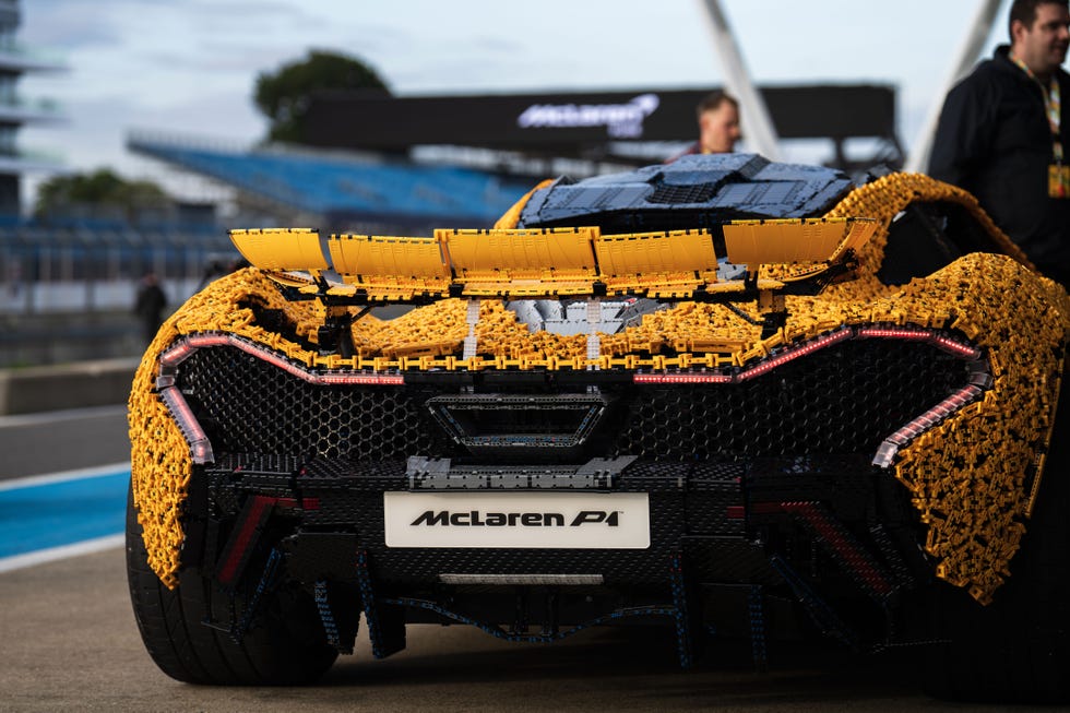 the lifesize lego mclaren p1 shown from the rear in the silverstone pit lane