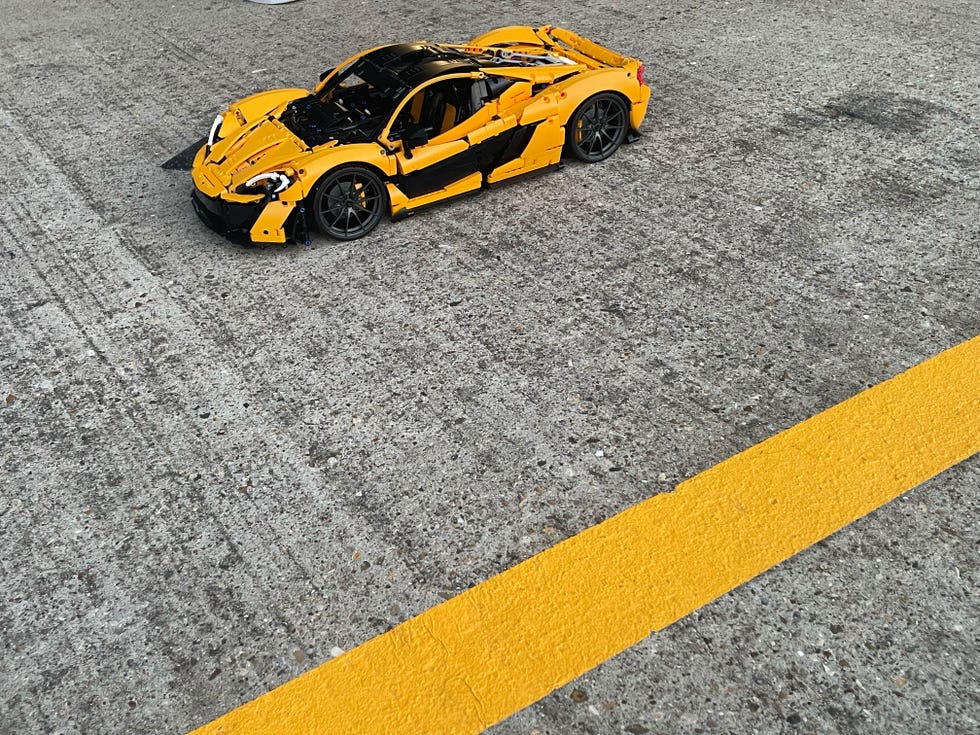 the lego mclaren technic p1 in the pitlane at silverstone