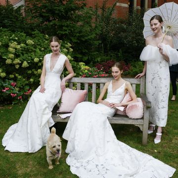 Gown, Bride, Wedding dress, Photograph, Dress, Bridal clothing, Bridal accessory, Wedding, Ceremony, Pink, 