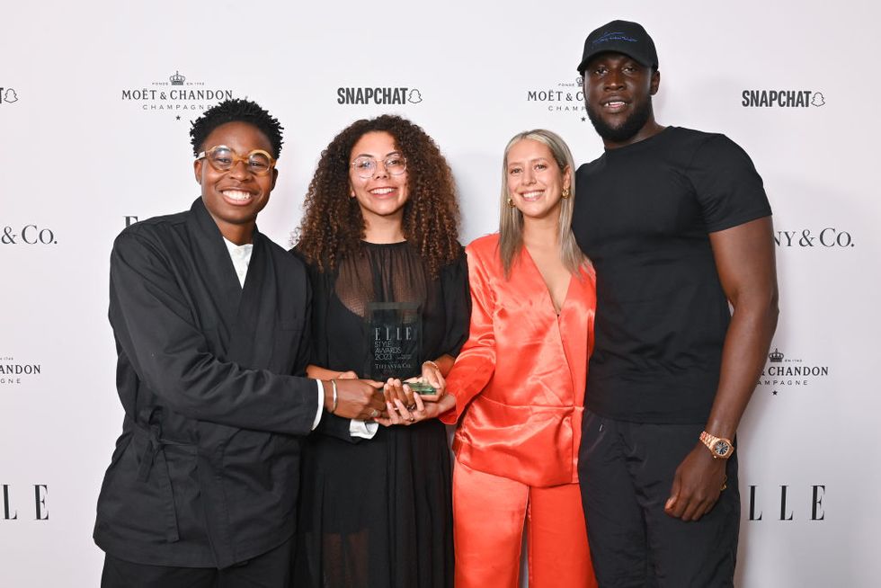 london, england september 05 l to r lemara lindsay prince, tallulah lyons, lydia weigel, winners of the the collective award by merky books presented by stormzy attend the elle style awards 2023, in partnership with tiffany co at the old sessions house on september 5, 2023 in london, england photo by dave benettgetty images for elle style awards 2023