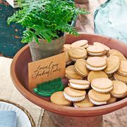 lemon creme sandwich cookies on a raised plate with a small sign and a green fern near by