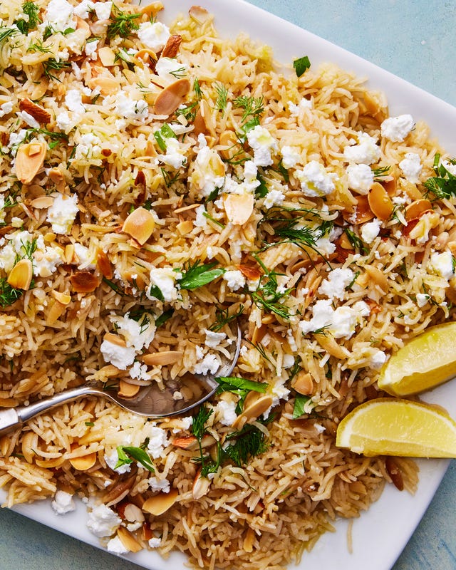 lemon herb rice pilaf topped with almonds, feta, and parsley