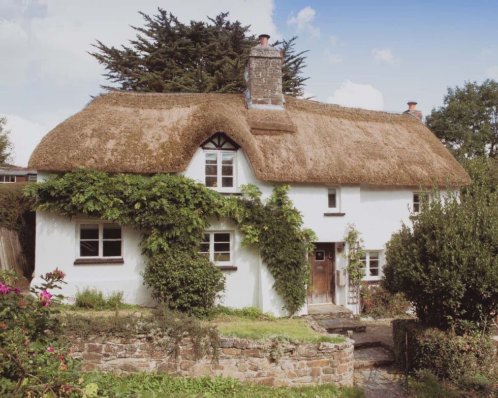 thatchedroof cottage surrounded by greenery
