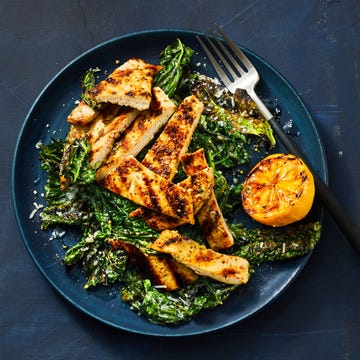 grilled lemony chicken and kale caesar salad