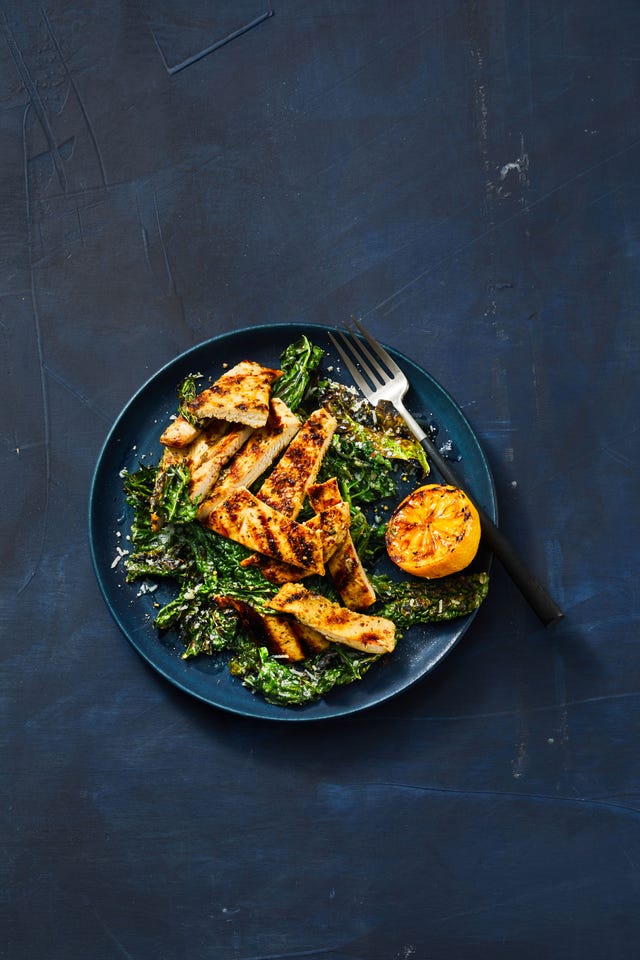 grilled lemony chicken and kale caesar salad