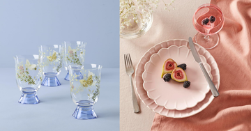 decorative drinking glasses and an elegant table setting with fruit and a drink