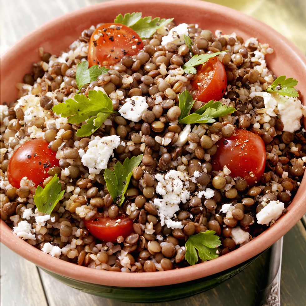 lentil and bulgur salad with feta and fresh spinach