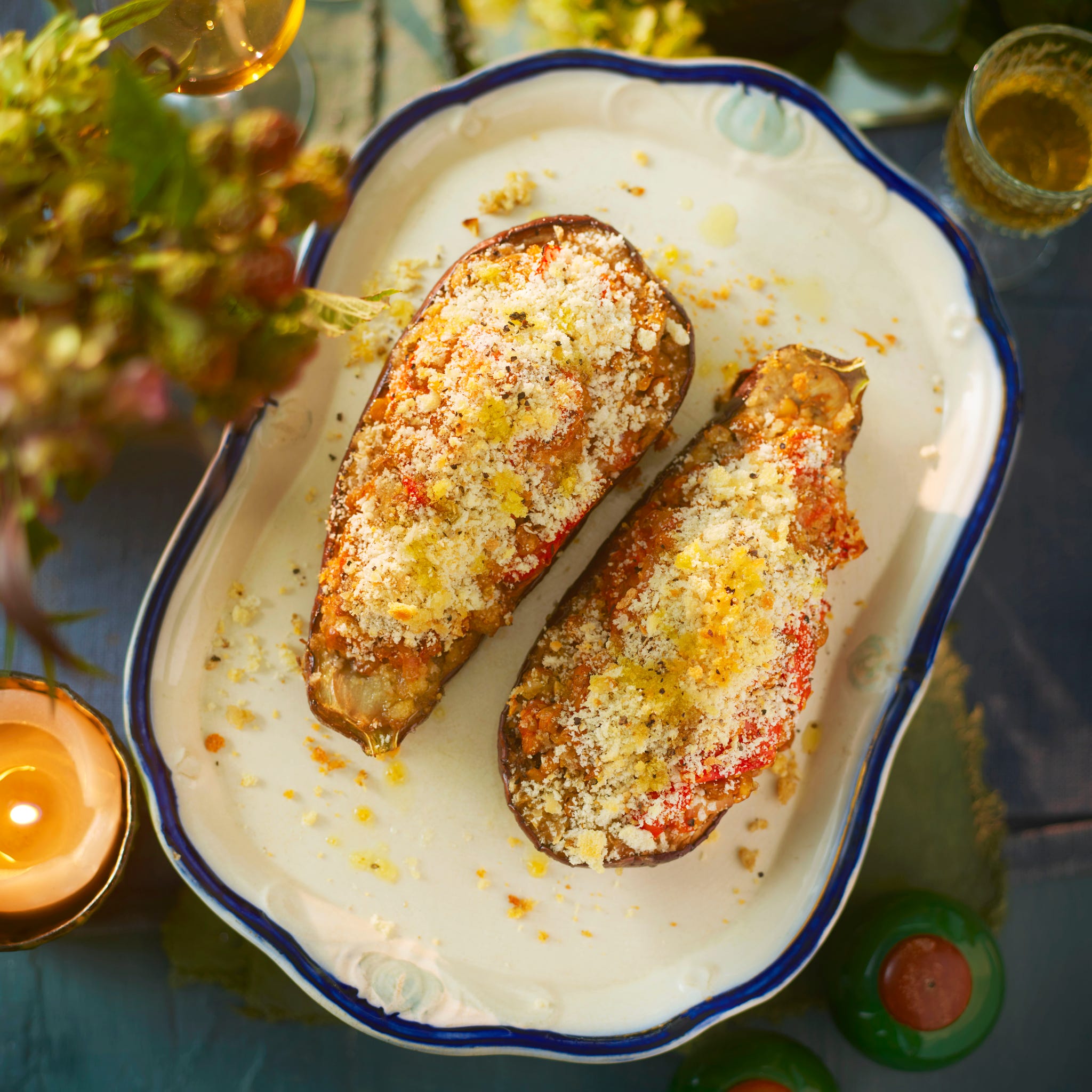 veggie main lentil and sage stuffed aubergine