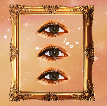 a picture frame shows a column of three eyes looking out at the reader, right next to the word leo the background is an orange, starry sky