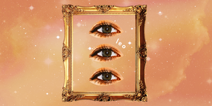 a picture frame shows a column of three eyes looking out at the reader, right next to the word leo the background is an orange, starry sky