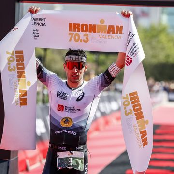 valencia, spain april 21 leo bergere of france celebrates winning the mens ironman 703 valencia on april 21, 2024 in valencia, spain photo by pablo blazquez dominguezgetty images for ironman