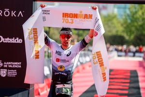 valencia, spain april 21 leo bergere of france celebrates winning the mens ironman 703 valencia on april 21, 2024 in valencia, spain photo by pablo blazquez dominguezgetty images for ironman