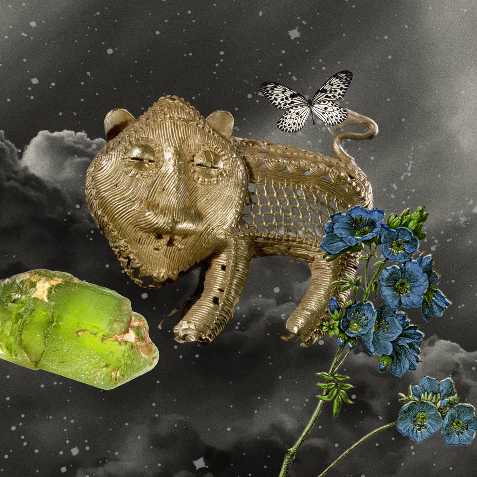 a compilation of a golden lion, a green gemstone, and blue flowers