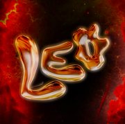 the word leo in orange bubble letters over a black and red background