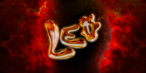the word leo in orange bubble letters over a black and red background