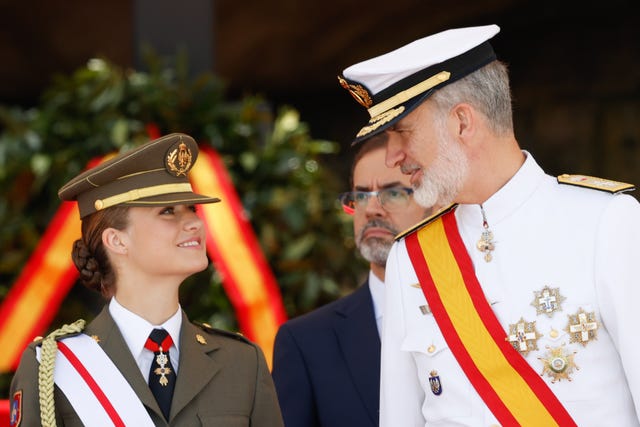 spanish king felipe vi and princess leonor de borbon attending the flag pledge jura de bandera and entrega de despachos de empleo ceremony marin naval military academy in marin, pontevedra on tuesday, 16 july 2024