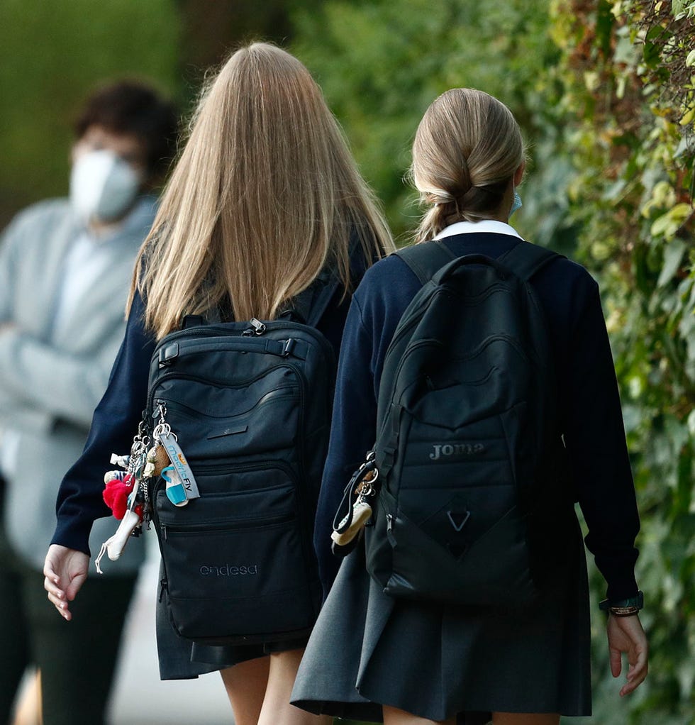princess of asturias leonor de borbon and princess sofia during the first day of santamariadelosrosales school 2020  2021 in madrid on friday, 11 september 2020