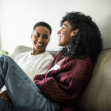 lesbian couple at home relaxing on couch