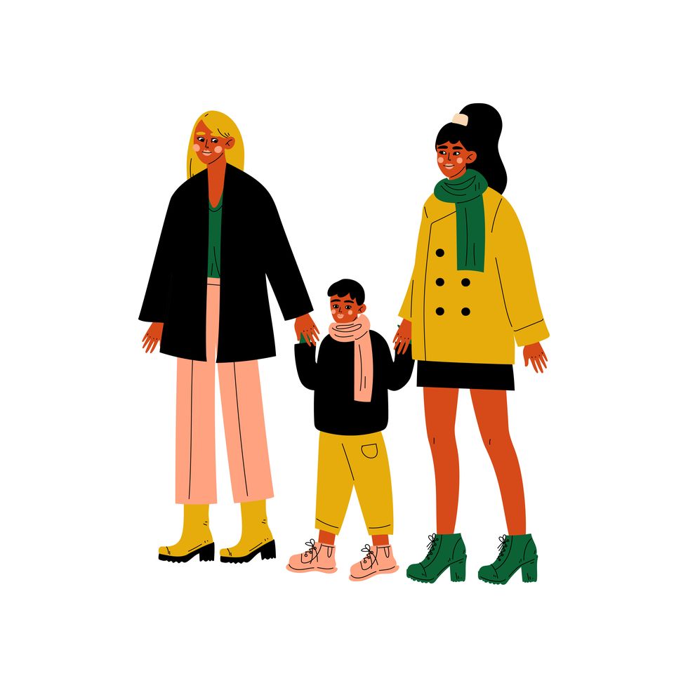 Lesbian Family, Two Women and Cute Boy Standing Together, Happy Homosexual Family with Kid Vector Illustration