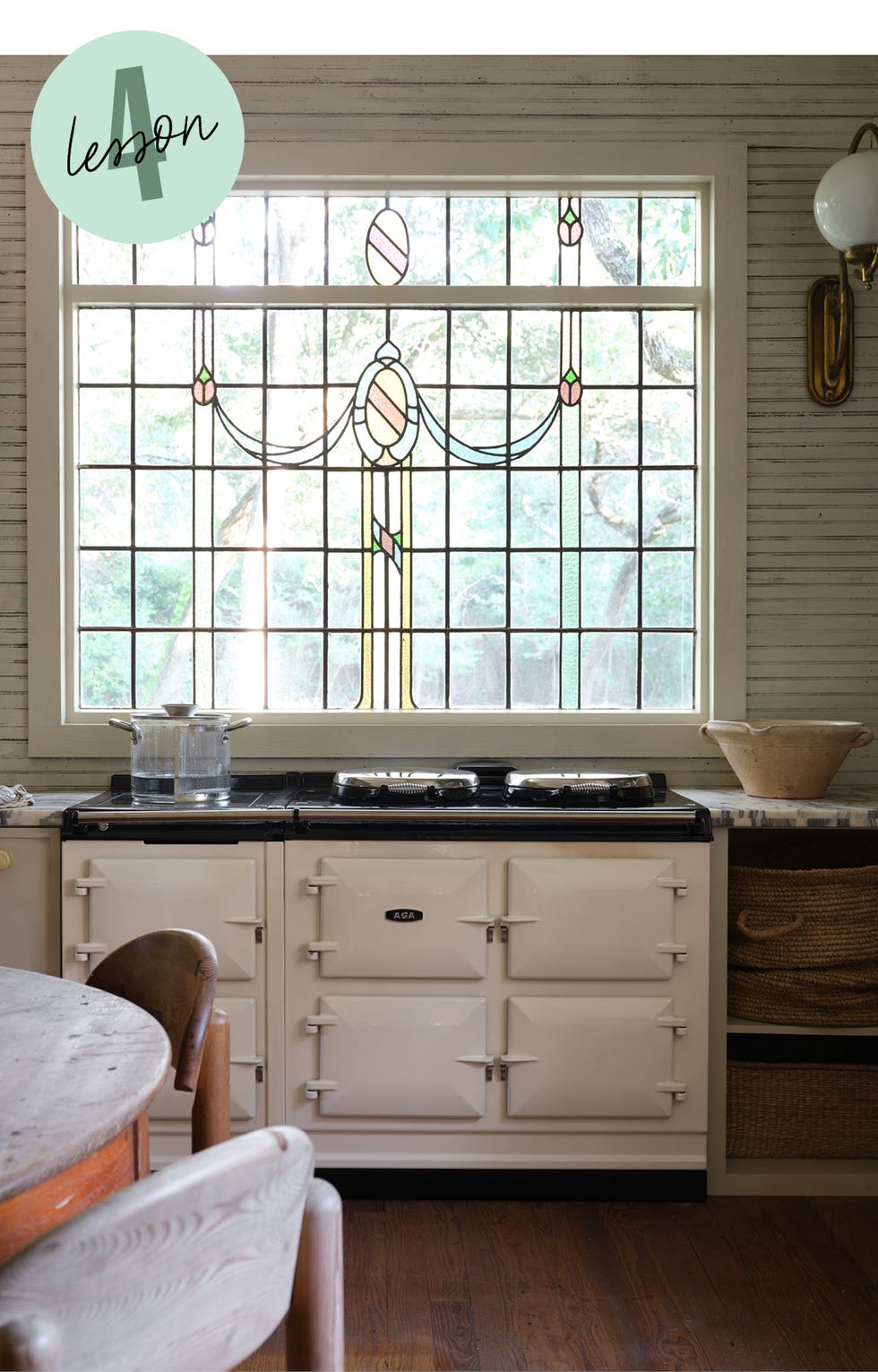 aga stove and stained glass window