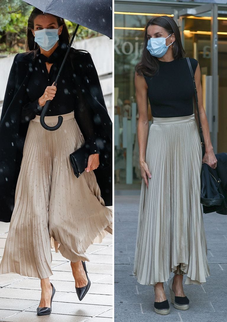 la reina letizia ha presidido los premios nacionales de moda con un look espectacular en el que el gran protagonista ha sido la falda plisada de massimo dutti que estrenó el pasado junio