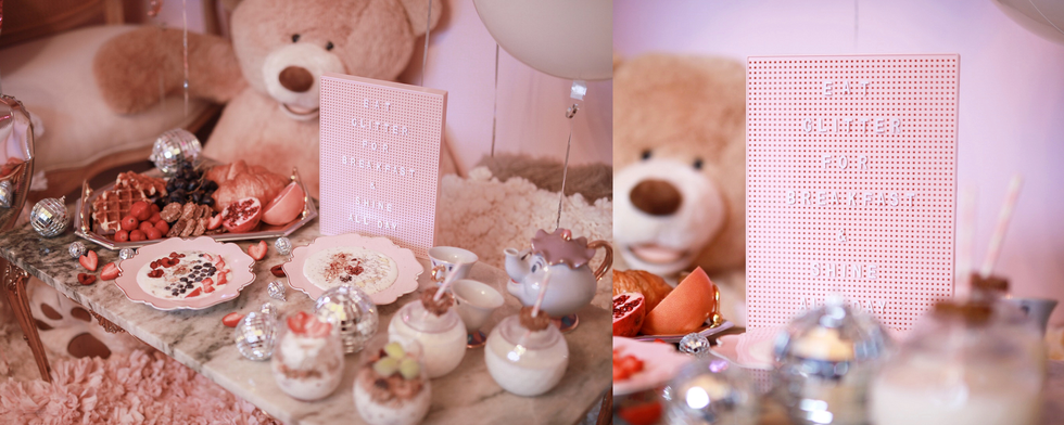 Teddy bear, Pink, Sweetness, Peach, Centrepiece, Stuffed toy, Interior design, Toy, Table, Party, 
