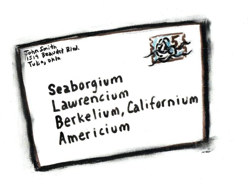 Seaborg en zijn collegas van het Lawrence Berkeley Laboratory vulden zoveel eens lege dozen op het periodiek systeem dat er werd gezegd dat je hem een brief kon schrijven die volledig in zijn eigen chemische elementen was geadresseerd zoals deze