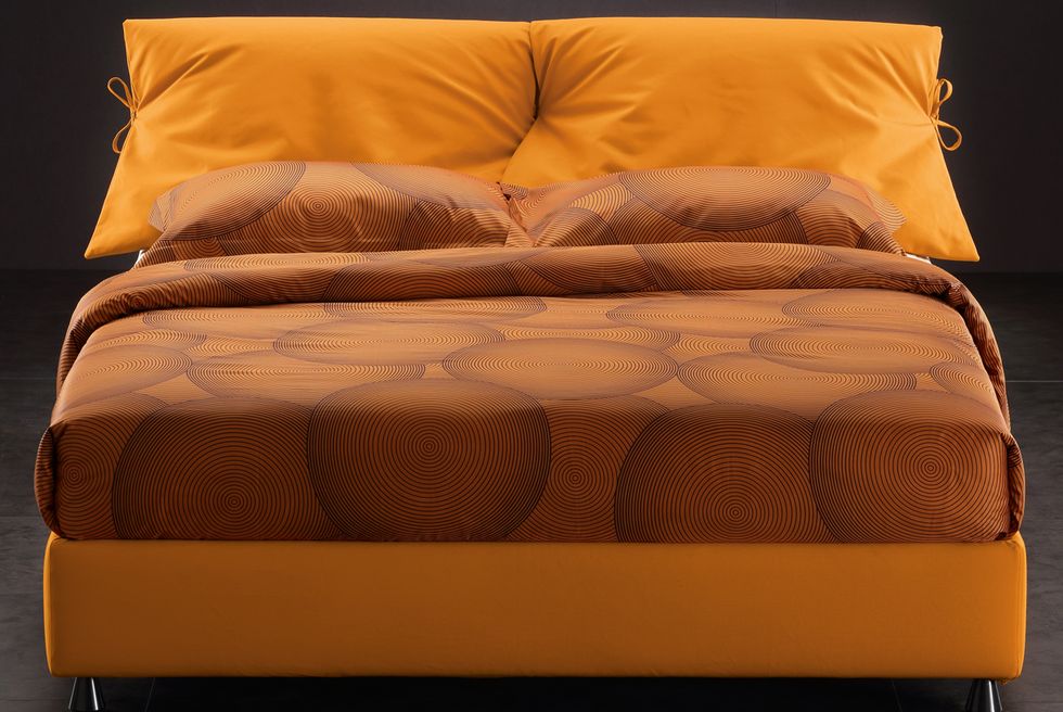 Furniture, Bedding, Bed sheet, Bed, Duvet cover, Bed frame, Orange, Yellow, Brown, Textile, 