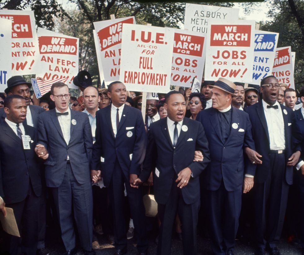 subject civil rights activists starting on right unidentified man, second man joachim prinz, another unidentified man, reverand eugene carson blake, reverand martin luther king, and floyd mckissitick, matthew ahman, and john lewis  rest unidentified march on washington for jobs and freedom august 28, 1963photographer  robert w kelleytime inc ownedmerlin 1202320