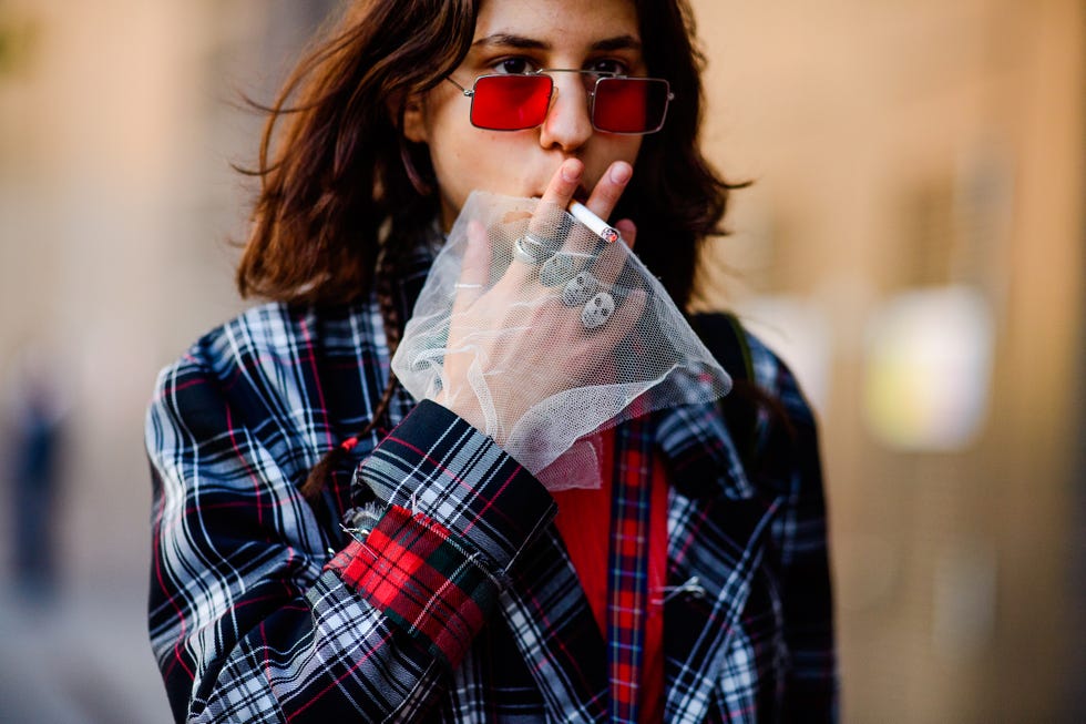 Eyewear, Plaid, Hair, Beard, Facial hair, Tartan, Glasses, Sunglasses, Street fashion, Pattern, 