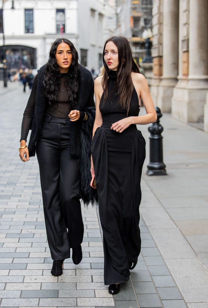 london, england september 15 cora corre l  tish weinstock r wears black dress wears outside 16arlington during london fashion week september 2024 on september 15, 2024 in london, england photo by christian vieriggetty images