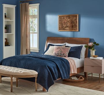 Bedroom, Furniture, Bed, Room, Bed frame, Bed sheet, Blue, Interior design, Bedding, Nightstand, 
