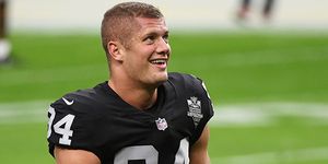 las vegas, nevada   november 15 carl nassib 94 of the las vegas raiders flexes while smiling during warmups before a game against the denver broncos at allegiant stadium on november 15, 2020 in las vegas, nevada photo by ethan millergetty images