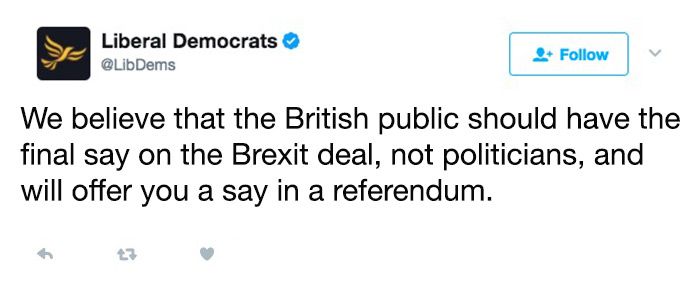 Liberal Democrats manifesto on Brexit in 140 characters