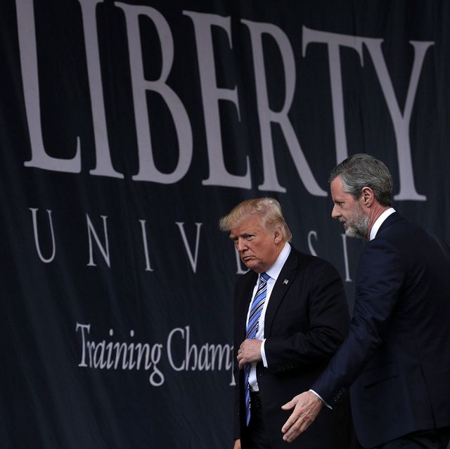 lynchburg, va   may 13  accompanied by president jerry falwell r, us president donald trump l leaves after he delivered keynote address during the commencement at liberty university may 13, 2017 in lynchburg, virginia president trump is the first sitting president to speak at liberty's commencement since george hw bush spoke in 1990  photo by alex wonggetty images
