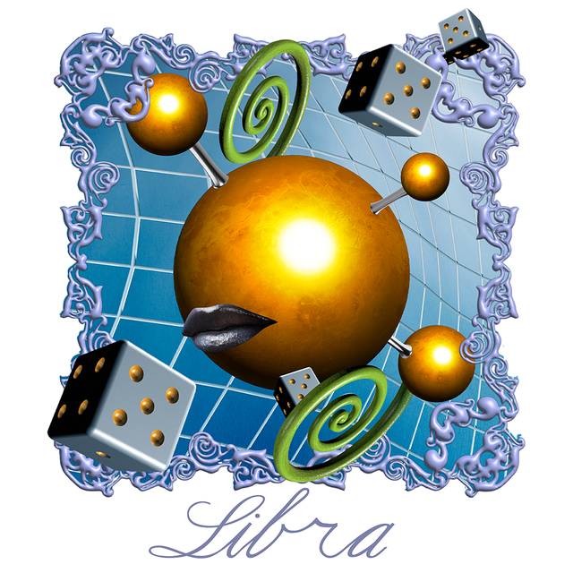 the word libra under a planet, dice, and swirls