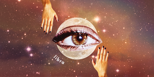 two hands are opposite each other on either side of a full moon with a giant eye in front of it the word "libra" is seen along the side of the moon