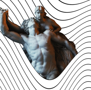two statues embrace in a field of squiggly lines